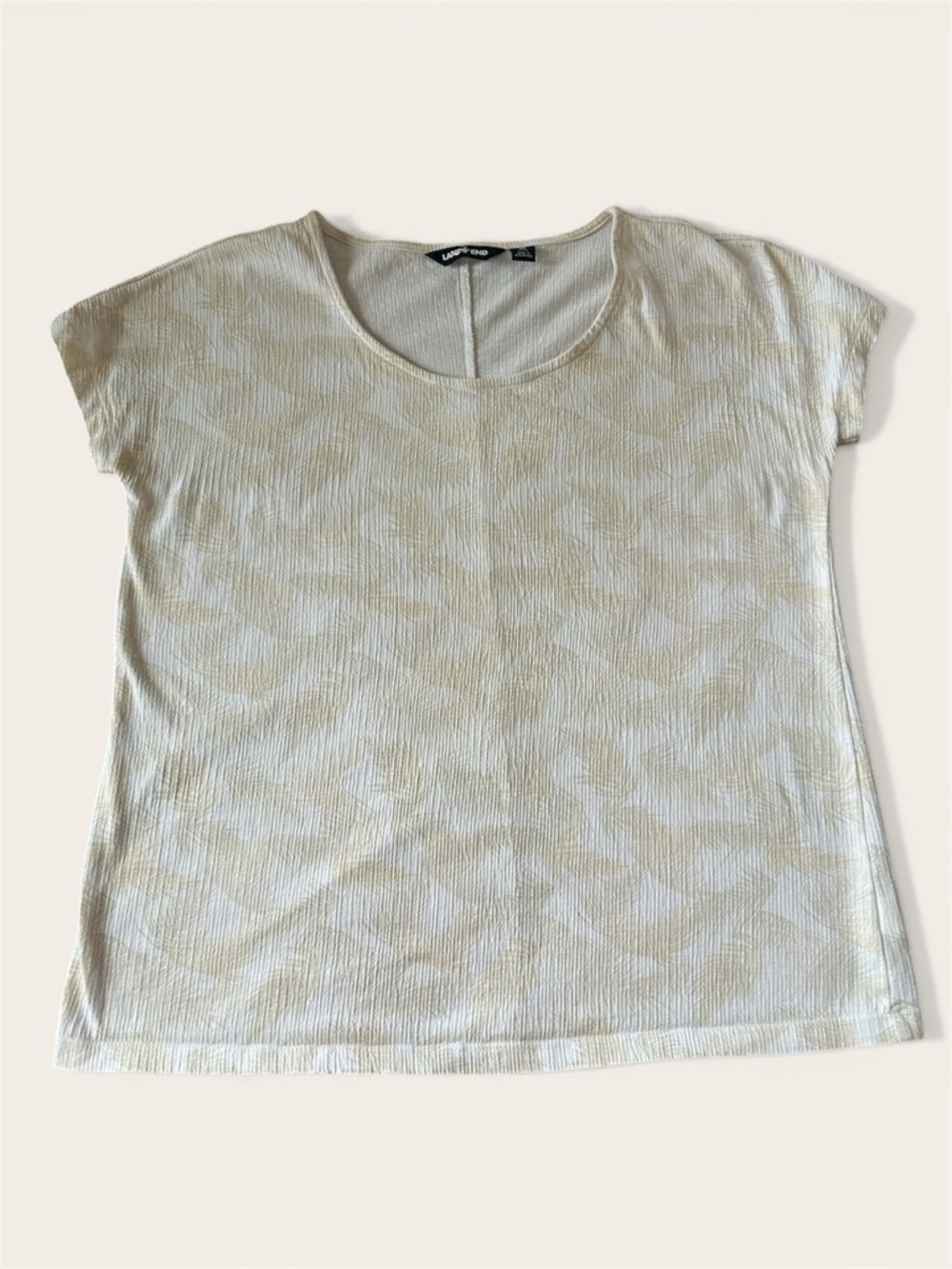 Lands' End Cream Palm Leaf Short Sleeve Scoop Neck Cotton Top size Medium